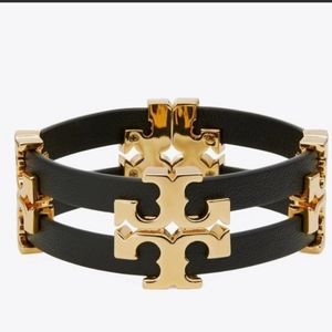 New Tory Burch Gold Logo, Black Leather Magnetic Bracelet